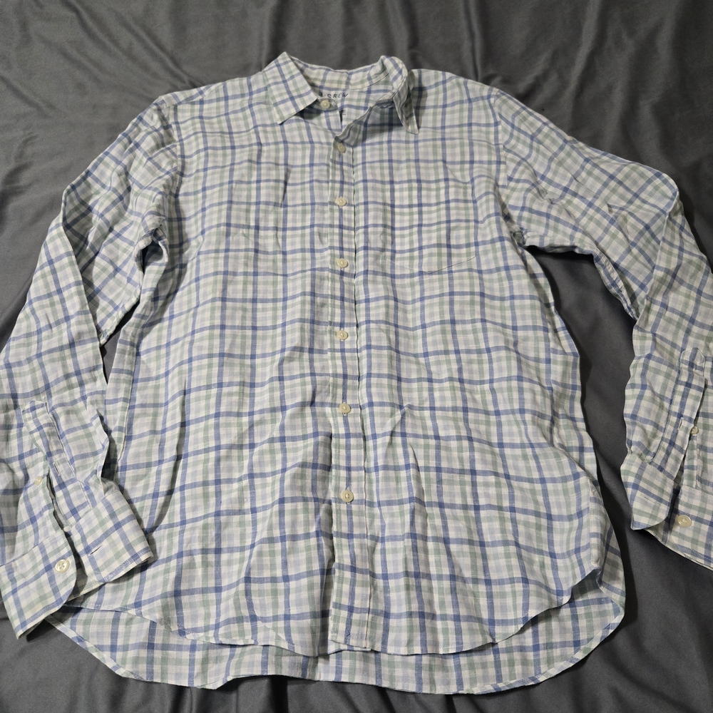 J. Crew Casual Plaid Longsleeve Shirt in Blue and Green Mens Medium Irish Linen